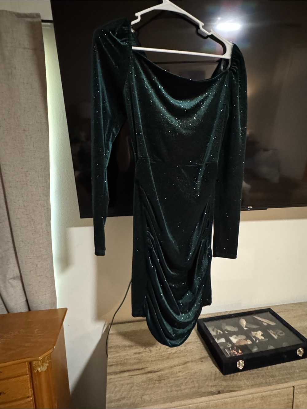 Altar'd State Dark Emerald Sparkle Velvet Long Sleeve Dress
